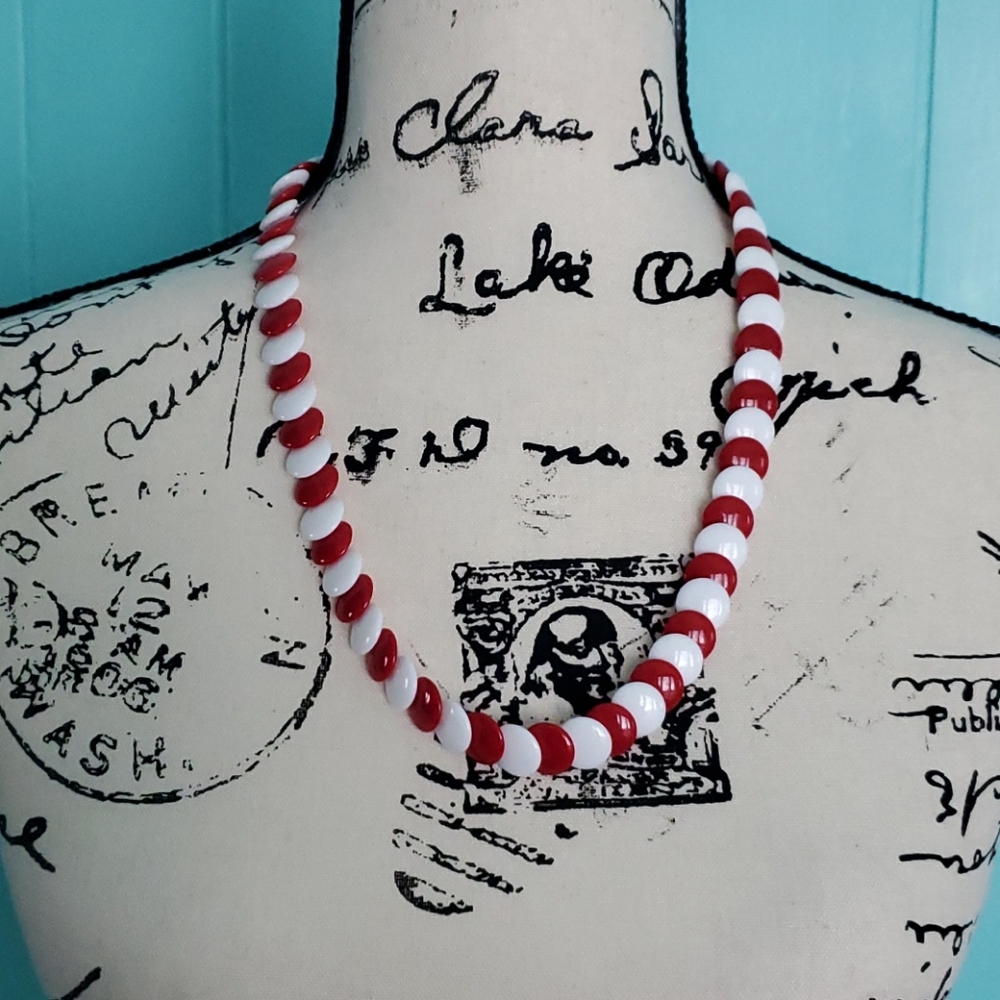 Vintage Red and White Plastic Disc Necklace